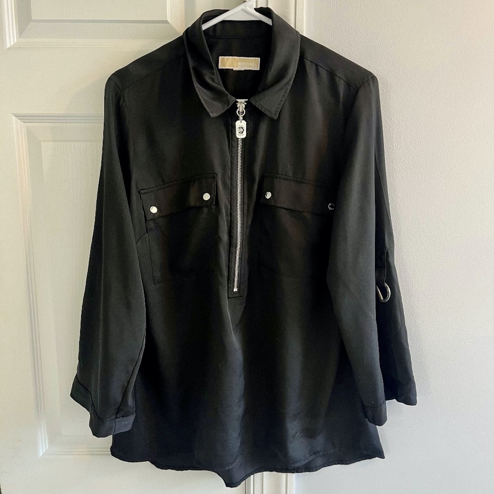MICHAEL Michael Kors Black Zip Up Collared Blouse M